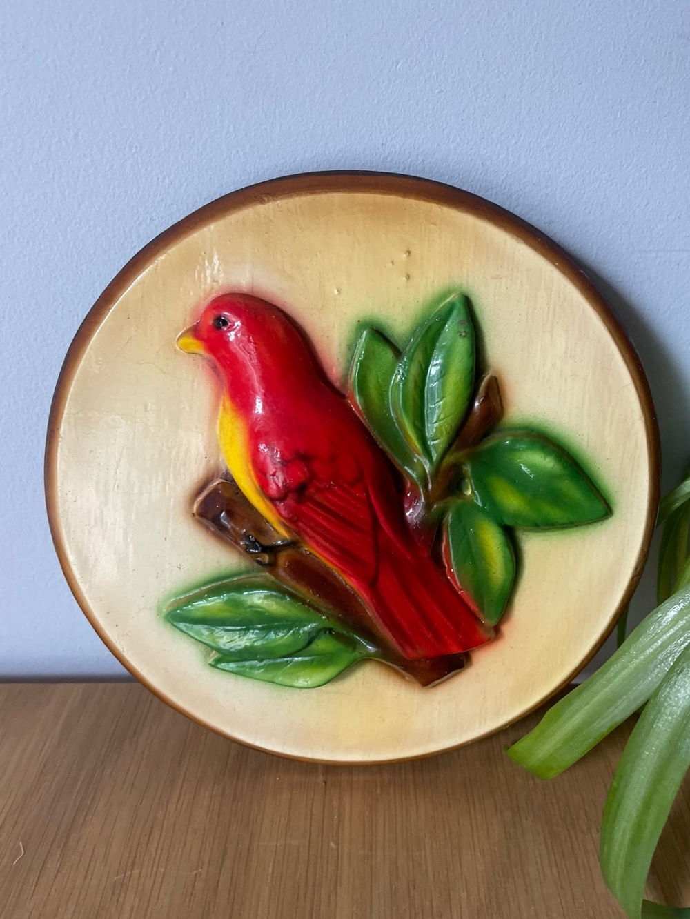 Vintage 1970s Chalkware Red Bird Cardinal Wall Plaque 3D Decor